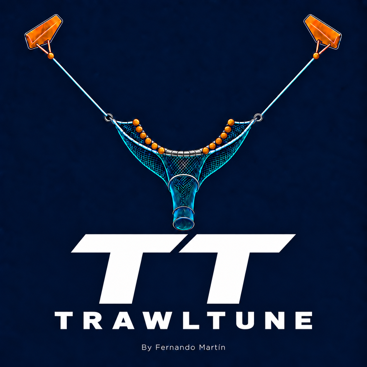 Logotipo de TrawlTune con un aparejo de arrastre, puertas y las siglas TT